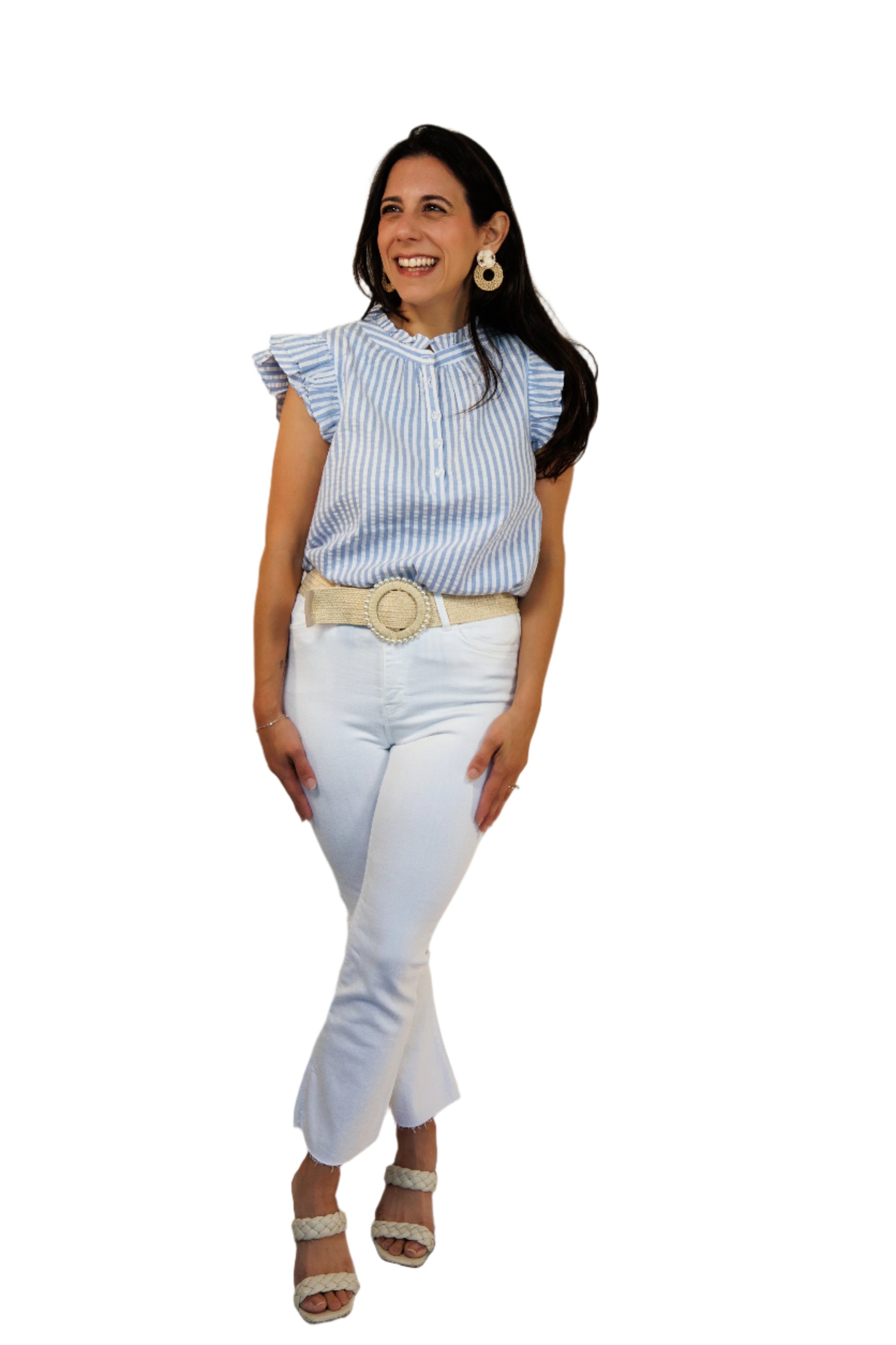 Chloe Seersucker Stripe Flutter Sleeve Top
