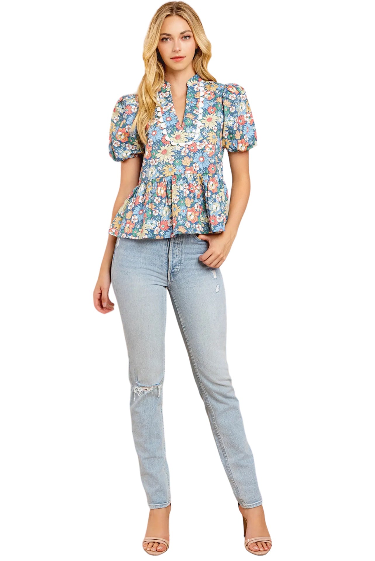 Floral Print Split Neck Top