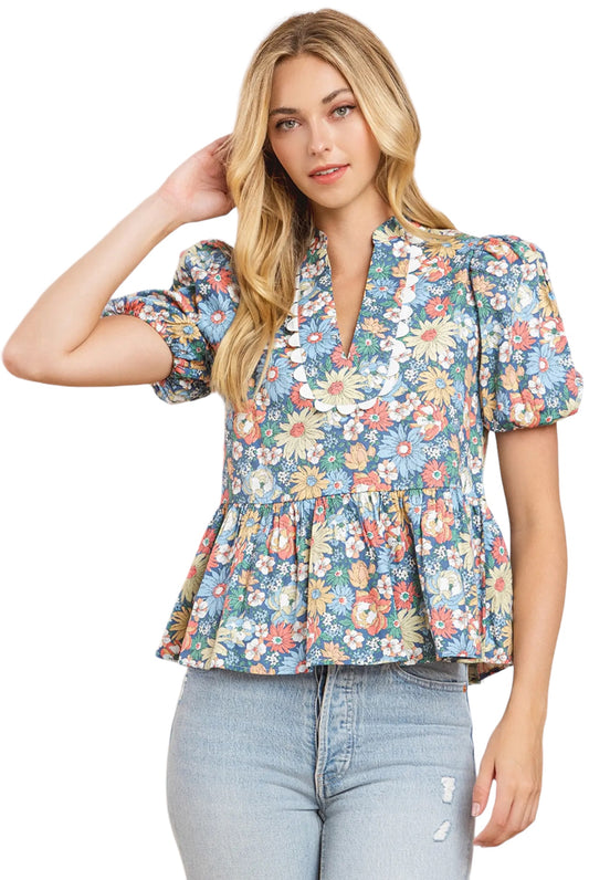 Floral Print Split Neck Top